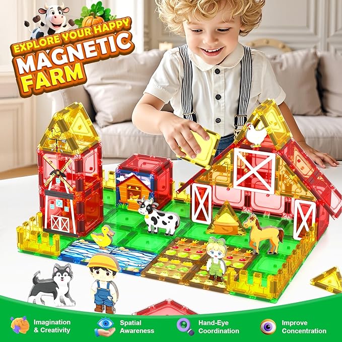 Magnetic Tiles Farm Animals Toddler Toys, STEM Magnet Building Blocks for Kids Ages 3-5 4-8 5-7, Preschool Montessori Sensory Toys, Gifts for 3 Year Old Boys & Girls