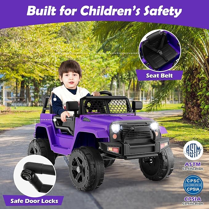 Costzon Ride on Car, 12V Battery Powered Truck Vehicle with Remote Control, Spring Suspension, Headlights, Music, Horn, MP3, USB & Aux Port, Gift for Boys Girls, Electric Car for Kids (Purple)