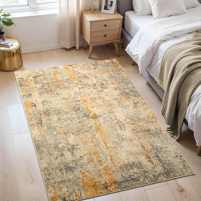 Entryway Rug 3x5 Beige Bedroom Area Rug Washable Non Slip Abstract Boho Rugs for Indoor Entry, Kitchen, Classroom, Bathroom, Kids Girls Room, Office, College Dorm Small Carpet