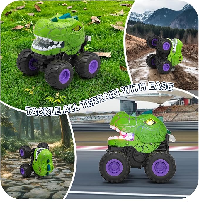 Dinosaur Remote Control Car for Boys 4-7, 360° Rotating Stunt Vehicle, 2.4GHz All Terrain RC Monster Truck Toys with Spray, Light & Sound for Kids 8-12, Birthday Gift for Boys (Green)