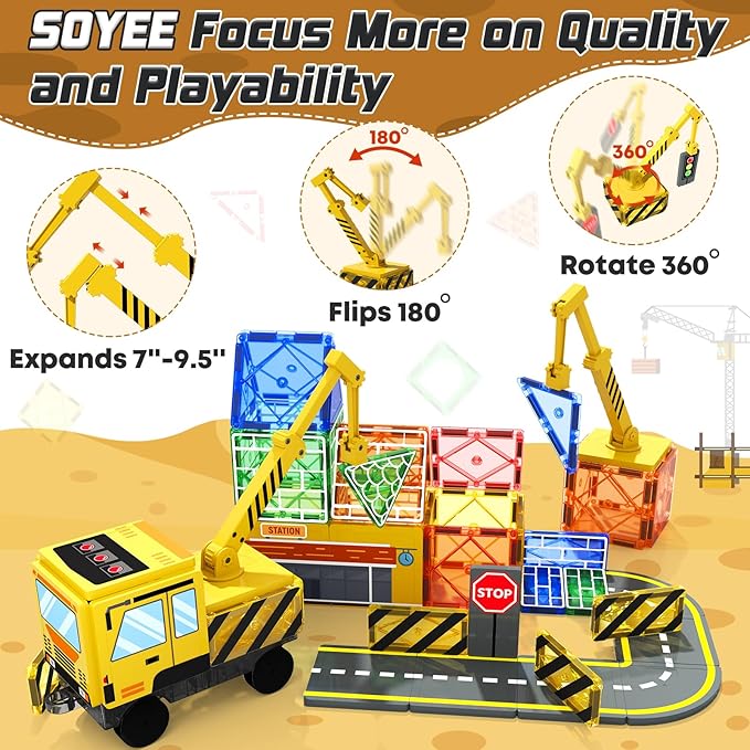 Magnetic Tiles Magnetic Construction Set with 2 Cranes Boys Toys for Ages 3-5 5-7 8-10 Building Toys Includes Crane, Road Tracks, Train, Train Tracks, Dolls, Car Toy, Traffic Lights and Stations