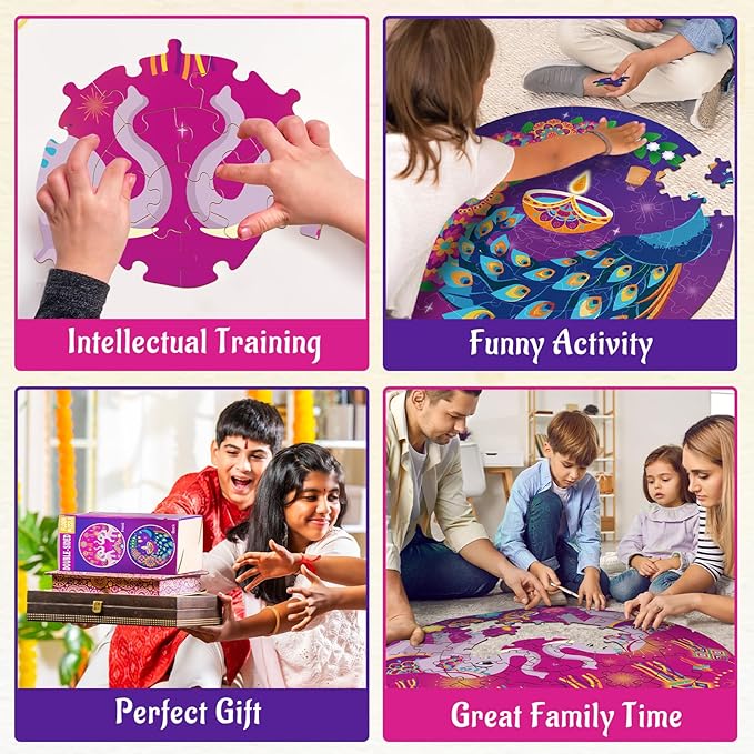 Rangoli Diwali Puzzle for Kids 70 Pieces Double Sided Large Mandala Floor Puzzle 22", Indian Holiday Decorations Gifts for Kids 3+ Party Favors