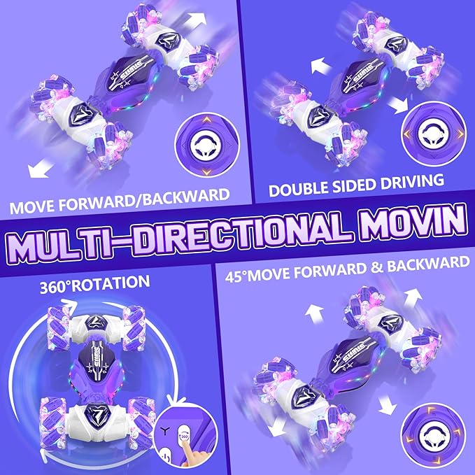 Gesture Sensing Remote Control Car Toys - Drift RC Stunt Car for Kids | 360° Rotating 4WD Transform RC Cars | 2.4Ghz Hand Controlled with Lights Music | Birthday to Boys (Purple)