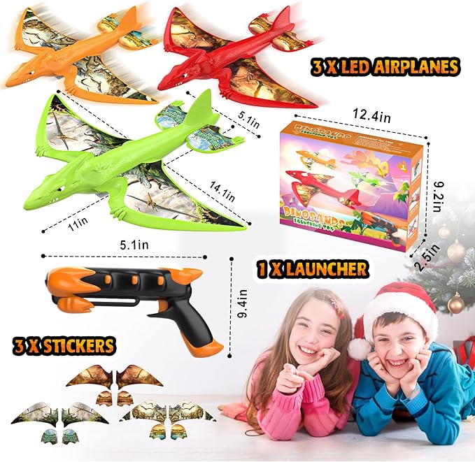 3 Pack Dinosaur Airplane Launcher Toys, Flying Toys for 3 4 5 6 7 8 9 10 Year Old Boys, Easter Gifts for Kids, Foam Plane Outdoor Toys 5-12 Year Old Boy Gift Ideas, Airplane Birthday Gift Party favors