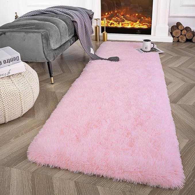 Ompaa Fluffy Runner Rugs, 2x6 Feet Pink, Super Soft Shaggy Carpet Fuzzy Long Fur Rug for Bedroom Living Room Dorm, Plush Kids Playroom Baby Girls Nursery Decor Mats