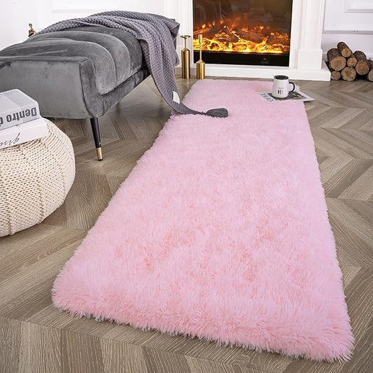 Ompaa Fluffy Runner Rugs, 2x6 Feet Pink, Super Soft Shaggy Carpet Fuzzy Long Fur Rug for Bedroom Living Room Dorm, Plush Kids Playroom Baby Girls Nursery Decor Mats