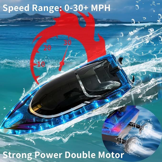 RC Boat with 2 Rechargeable Battery, 30+ MPH Fast Remote Control Boat with Storage Package, 2.4G Large RC Electric Boats Pool and Lakes Toys with LED Lights for Adults and Kid