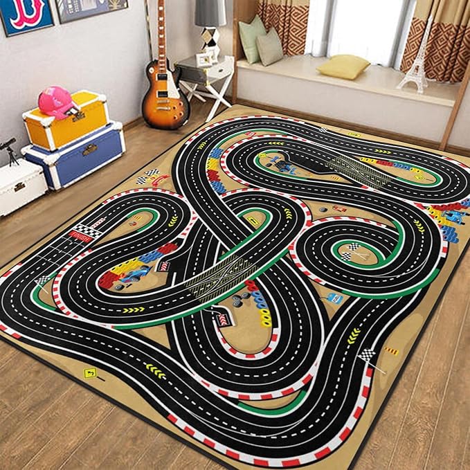 Racing Games Rug, 5x7 Ft Kids Carpet with Rubber Backing, 3D Cross Country Road Race Track Playmat Rugs Racing Karting Start and Finish line Play Mat Nursery Rugs for Children Room, Playroom