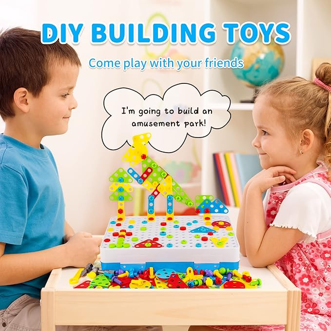 STEM Drill & Build Toy Set for Kids Ages 3-8 | 224-Piece Building Kit with Electric Toy Drill, Screwdriver, Pegboard | Educational Construction Toys for Boys Girls | Gift for Birthdays