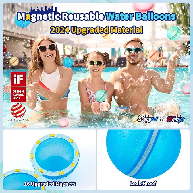 Reusable Water Balloon Pool Toys,Refillable Magnetic Water Ball for Beach,Quick Fill & Self-Sealing Water Bombs for Kids Outdoor Backyard Summer Activities Water Games (SQ-12Pcs)