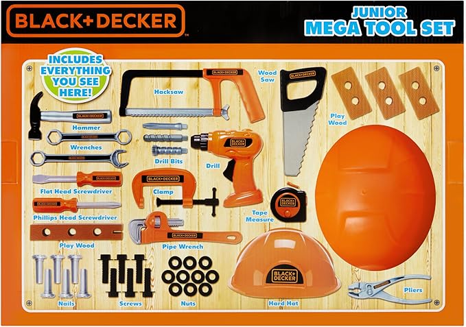 BLACK+DECKER Junior Kids Tool Set - Mega Tool Set with 42 Tools & Accessories! Role Play Tools for Toddlers Boys & Girls Ages 3 Years Old and Above, Includes Helmet! (58505)