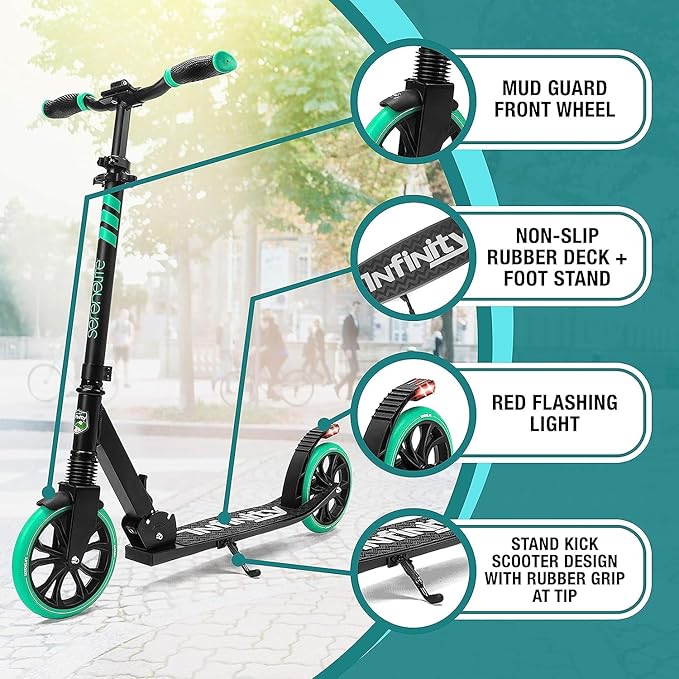 SereneLife Kick Scooter Adult Teenagers Kids- 2 Wheel Kids Scooter with Adjustable T-Bar Handlebar - Alloy Anti-Slip Deck - Portable Folding Scooters for Kids with Carrying Strap