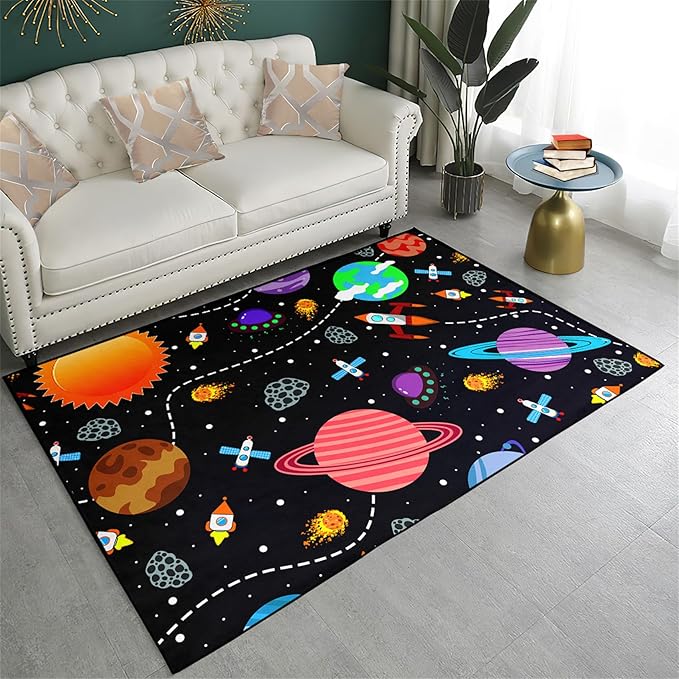 Solar System Rugs for Boys - 3'×4' Outer Space Children Play Area Rug Satellite Rockets Pattern Satellite Rockets Play Mat Rug for Boys Girls Galaxy Carpet Mat for Dinning Dorm Living Room