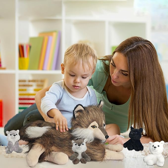 5 Pcs Wolf Stuffed Animal Plush Set 16 Inch Mommy Stuffed Wolf Plush with 4 Baby Wolves in Zipper Pouch, Soft Wolf Plushies for Kids Boys Girls Birthday Party Decoration