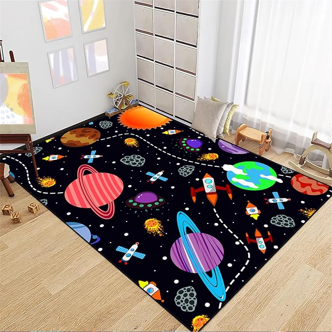 Outer Space Rug for Boys - 2'×3' Galaxy Carpet for Boys Room Cute Cartoon Universe Planet Area Rug Satellite Rockets Kids Baby Polyester Crystal Floor Mat Kids Play Carpet for Children Bedroom