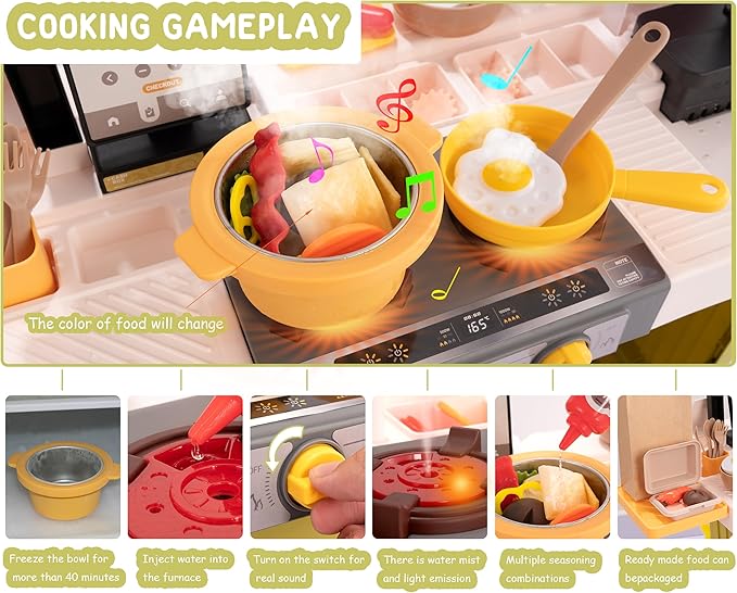 Kids Interactive Kitchen Play Set with 88Pcs Toys, Realistic Sound Effects & Simulated Functionality - Suitable for Toddlers (Yellow)