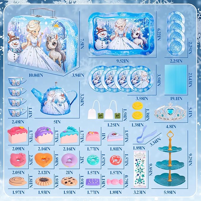 Frozen Tea Party Set for Little Girls, Princess Gift Toy, Kids Pretend Play Tin Tea Set with Teapot, Tea Cups, Food Playset & Carrying Case, Birthday for Girls Age 3+