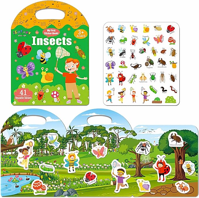 Reusable Toddler Sticker Books, Waterproof Stickers, Travel Essentials with Insect Theme
