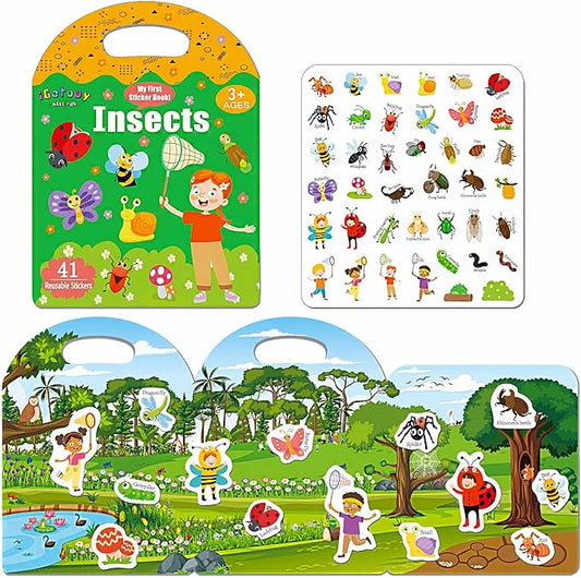 Reusable Toddler Sticker Books, Waterproof Stickers, Travel Essentials with Insect Theme