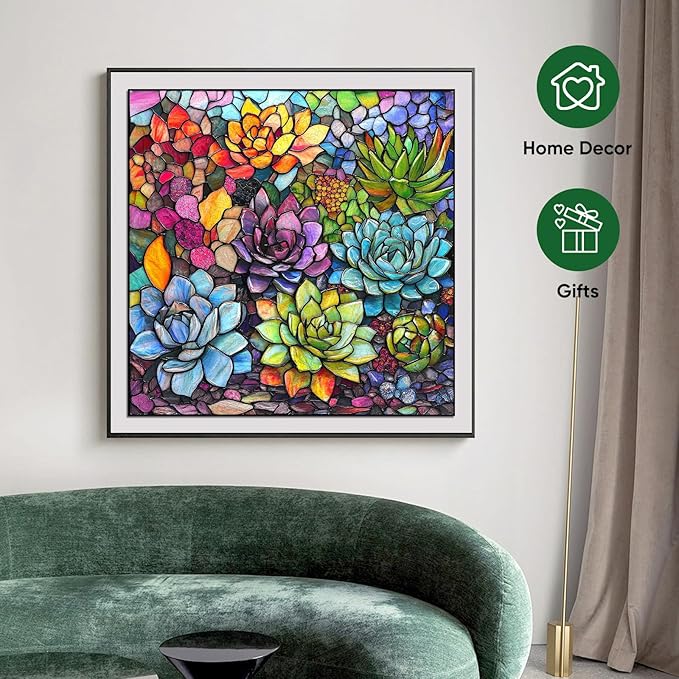 delobi Stained Glass Puzzle Succulent Wooden Puzzles for Adults 200 Pieces, Unique Liberty Challenging Jigsaw Puzzles Gift for Friends Family Game Medium Size 11.2'' x11.2''