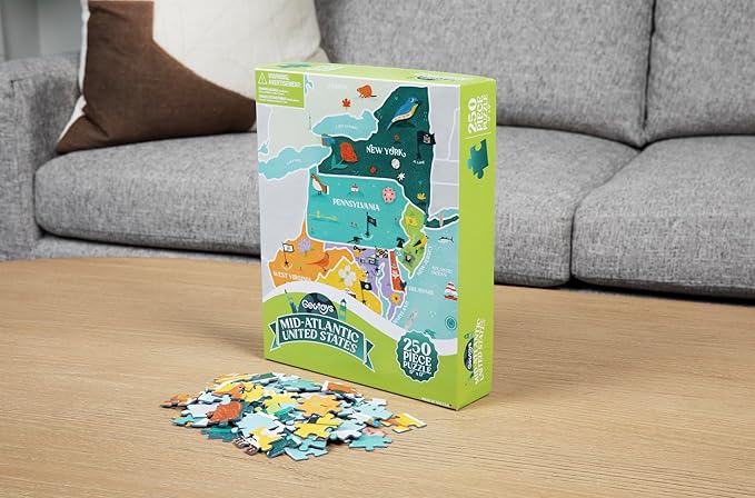 Geotoys Mid-Atlantic Region Jigsaw Puzzle - 250 Piece Puzzle for Kids - Jigsaw Puzzles for Kids Ages 8-12 Years Old - Geography Puzzles with Colorful Landmarks, United States Flag and More