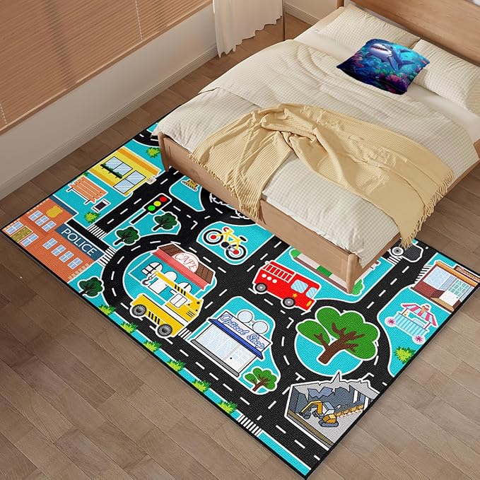 Car Rug Play Mat - Kids Play Rugs City Life Road Map Rug 5x7 Feet Large Educational Traffic Track Car Mat for Kids Toy Cars Carpet for Kid Bedroom Playroom Classroom Decor