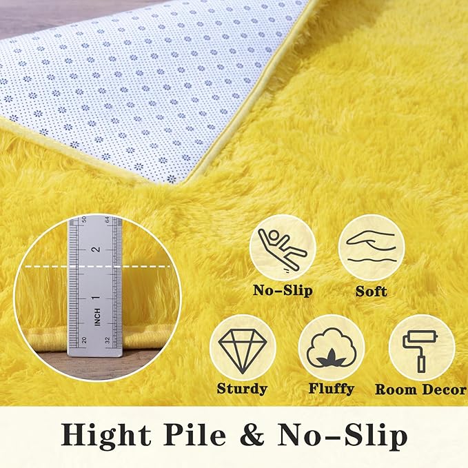 Super Fluffy Area Rug for Bedroom, Modern Shag Yellow Area Rugs, Soft Plush Small Carpet for Kids,Girls Boys and Teens Decorations for Living Room Dorm Nursery Classroom, 9x12 Feet