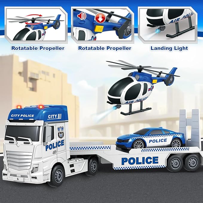 SpringFlower Toddler Boy Toys, 25" Large Police Truck Toy with Racing Car and Helicopter,3 in 1 Police Car Boy Toy, Christmas Birthday Gifts for Kids 3 4 5 6 Years Old