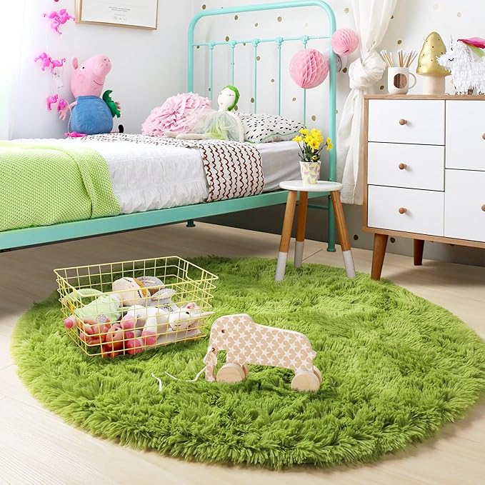 Grass Green Round Rugs 5Ft for Bedroom, Fluffy Shaggy Circle Area Rugs for Kids Playroom Baby Nursery, Cozy Cool Living Room Decor Aesthetic, Cute Fuzzy Furry Plush Carpet for Teen Girls Boys Toddler