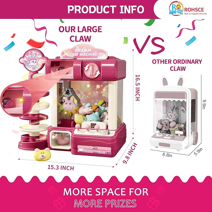 Large Claw Machine for Kids – Pink Dream Vending Machine Toy with Capsule Slide, Plush Toys, Lights & Music, Girls Claw Game Machine with USB & Coins, Birthday Gift for 6 7 9 10 12 Years Old