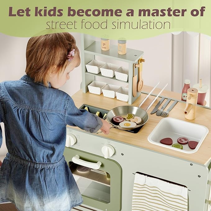 Wooden Food Cart, Kitchen Playset 50-Piece Toddler Pretend Play Grocery Store with Sink and Ice Maker, Kitchen Set for Kids Ages 3+, Gift for Boys and Girls