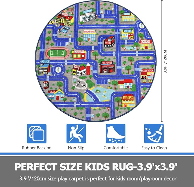 Capslpad Blue Car Road Kid Rug Carpet Playmat for Playoom Traffic Road Kids Play Mat for Toddler Non Slip Washable City Map Race Track Carpet Rug for Kids Room Bedroom Nursery Room Decor,4'x4'