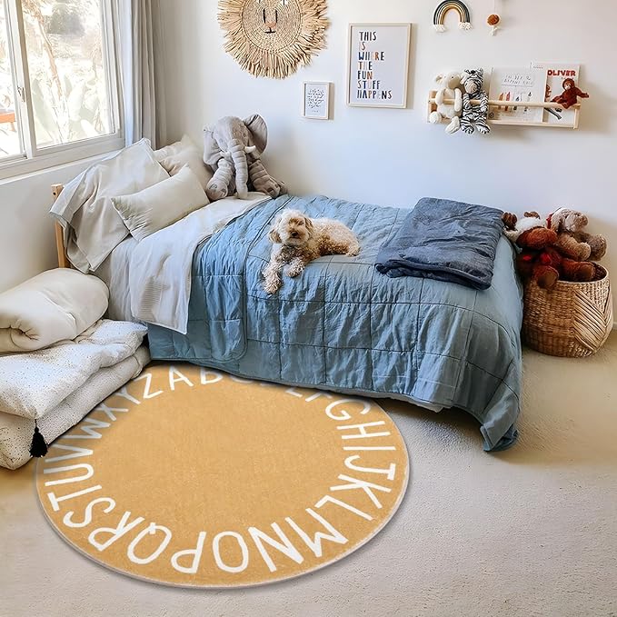 Topotdor Round Kids Play Rug Alphabet Nursery Area Rug Extra Large Soft Crawling Play Mat for Children Toddlers Bedroom (47 inch, Brown)