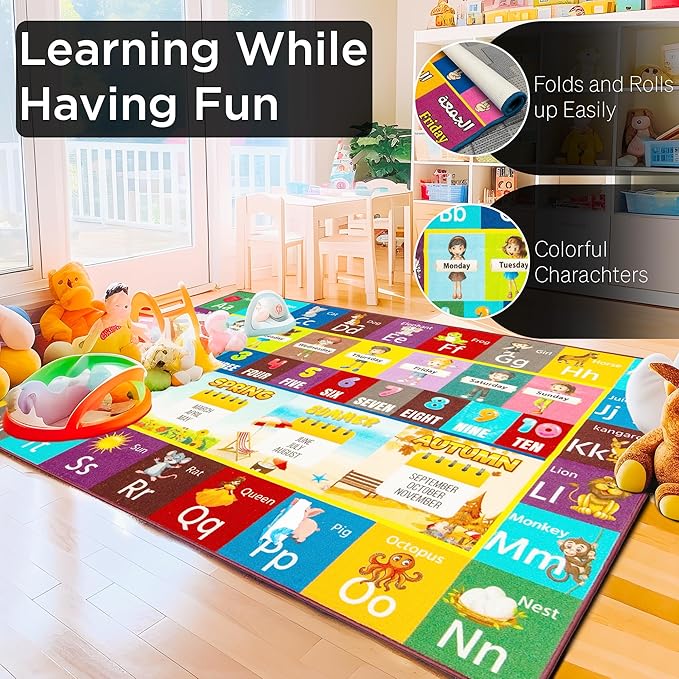 Educational Kids Rug – 78"x60" Foldable ABC Play Mat for Floor, Soft Non-Slip Baby Mat for Playroom, Nursery, Classroom
