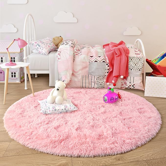 junovo Pink Round Rug 6x6 Feet Fluffy Soft Area Rugs for Kids Girls Room Princess Castle Plush Shaggy Carpet Cute Circle Nursery Rug for Kids Teen's Bedroom Home Decor Large Circular Carpet