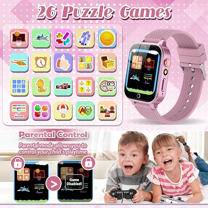 Smart Watch for Kids Girls Age 3-12 with 26 Puzzle Games HD Video Camera Touchscreen Music Player Learning Cards Storybook Pedometer Metal Case Kids Watch Toy Birthday Gifts Include 2 Screen Protector