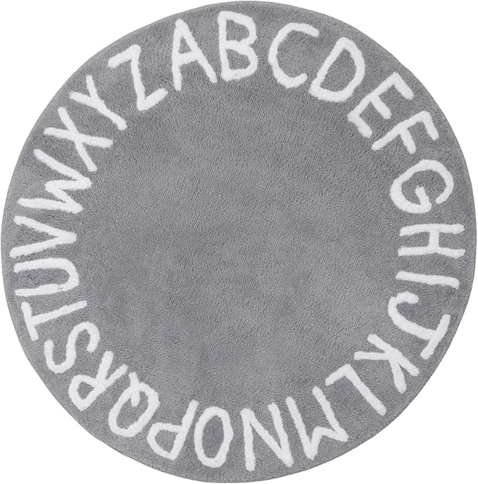 SHACOS Ultra Soft Round ABC Rug 4 Ft Alphabet Nursery Rugs Kids Room Toddlers Baby Crawling Playroom Fluffy Non Slip Washable 47 inch Circle Educational Carpet for Classroom, Gray