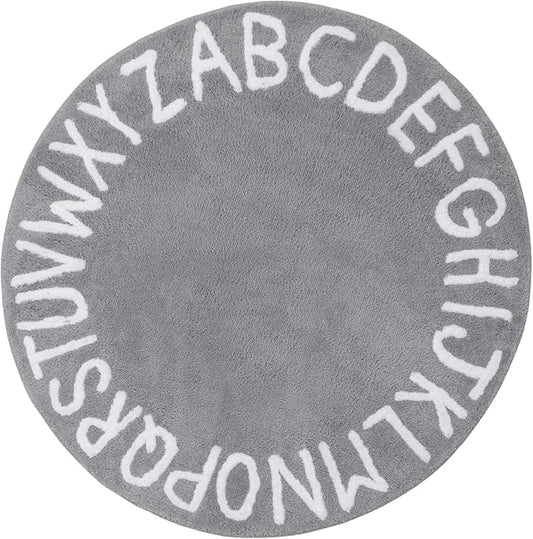 SHACOS Ultra Soft Round ABC Rug 4 Ft Alphabet Nursery Rugs Kids Room Toddlers Baby Crawling Playroom Fluffy Non Slip Washable 47 inch Circle Educational Carpet for Classroom, Gray