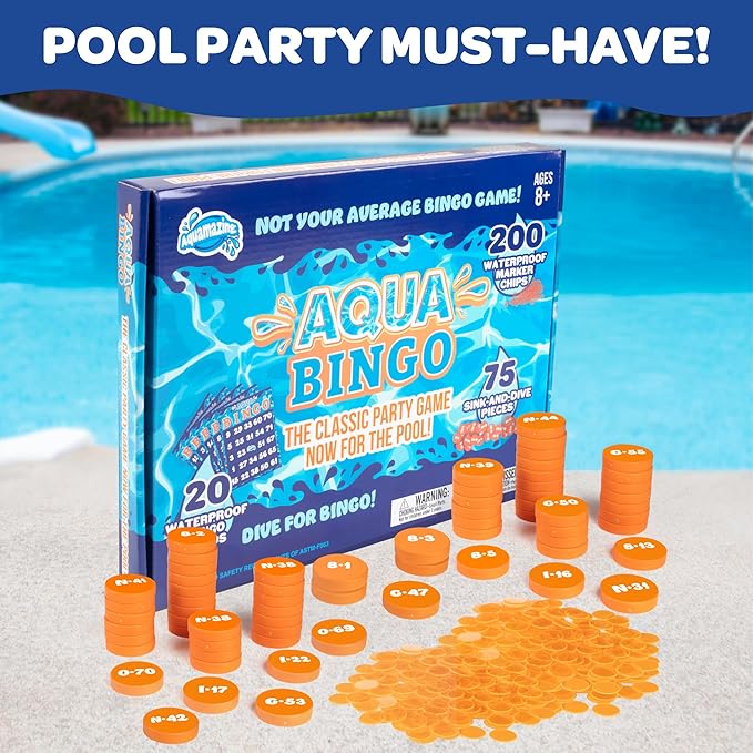 Aqua Pool Bingo Diving Game for Adults & Kids- Swim for & Call 75 Sinking Numbers, Fill Your Card To Win- Includes 200 Marker Chips, 10 Waterproof Play Cards, Fun for Summer Birthday or BBQ Parties