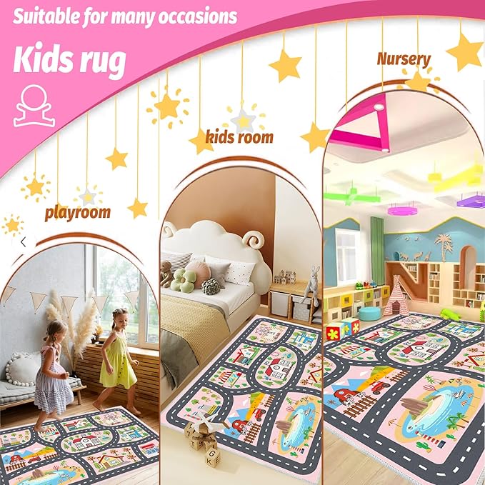 Kids Rug Car Rugs Playmat Carpet for Kids Toy Cars for Playroom Classroom Kids Room, Educational Area Rugs Road Traffic Floor Rug Play Mats, Ideal Gift for Nursery Children Boy Girl 4'x6'