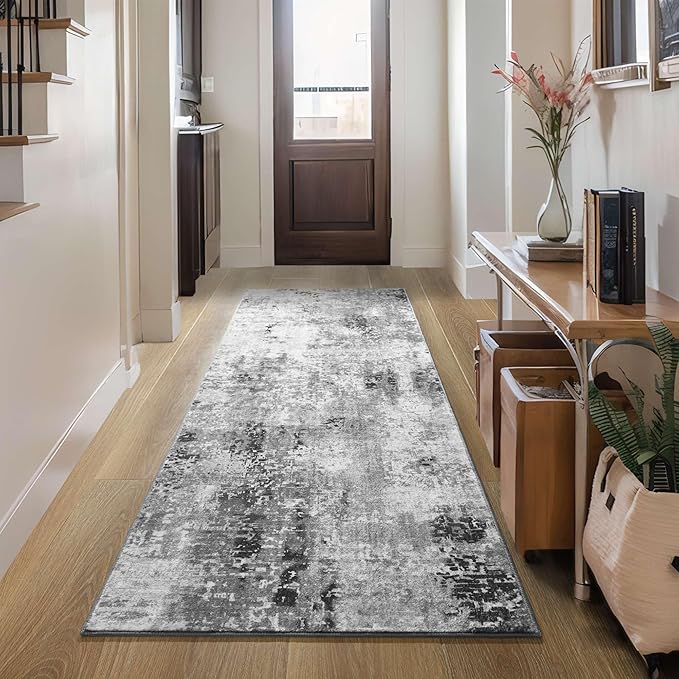 Runner Rug for Hallways Kitchen Runner Rug Non Slip 2'6''x8' Washable Grey Long Runner Rugs with Rubber Backing Soft Abstract Carpet Runner for Entryway, Kitchen, Bedroom, Bathroom
