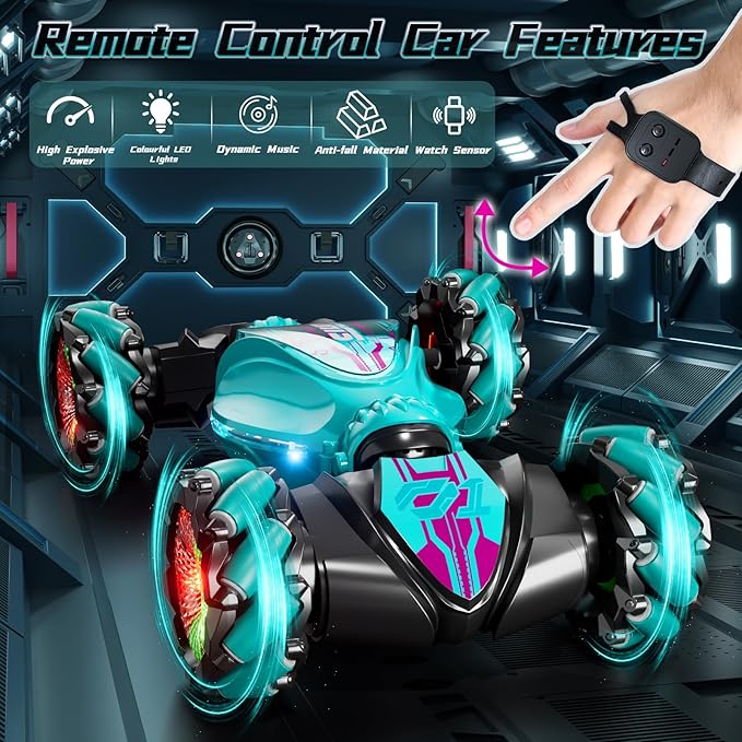 Gesture Sensing Rc Stunt Car, Hand Controlled RC Car Toys, 2.4GHz 4WD Gesture Sensing RC Car with Light & Music, 360° Rotation Remote Control Twist Cars for Boys Girls 8+yr, Birthday Gifts for Kids