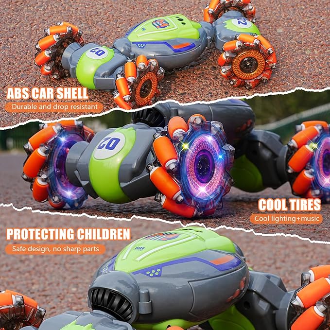 Rc Car Boys Toys 6-8 Years Old,Cool Birthday Gifts for Boys Ages 8-13 4WD Gesture Sensing Rc Stunt Car for Ages 5 7 9 10 Years Old Kids with Light and Music-Large Green