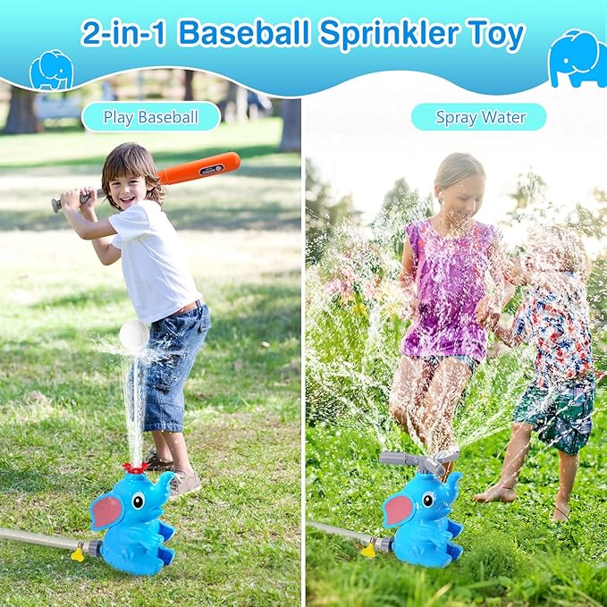 MoKo Water Sprinkler Baseball Toy for Kids Outdoor Play, 2 in 1 Baseball Water Games, 360° Rotatable Yard Sprayer Sprinkler, Toddler Outdoor Toys for Backyard Garden Lawn Pool, Blue Elephant