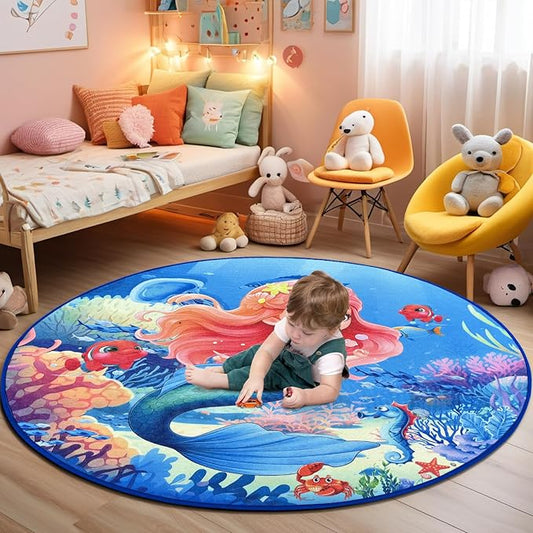 Round Rug for Kids Room Mermaid Rugs for Bedroom Kids Rugs for Playroom Girls Cute Cartoon Carpet Living Room Dining Room Decor 47x47 inch