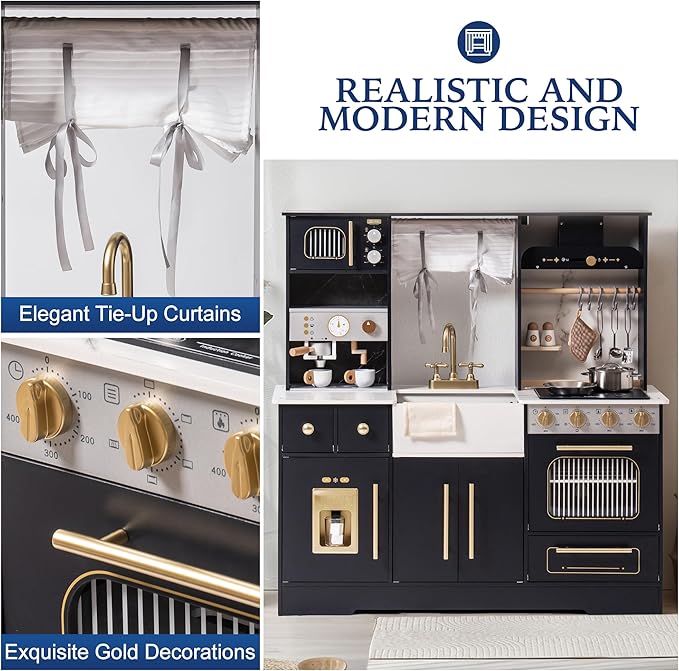 ROBOTIME Wooden Play Kitchen for Toddlers and Kids, Toy Kitchen Set with Ice Maker and Coffee Machine, Realistic Toddler Kitchen Set, Gift for Girls Boys Ages 3+