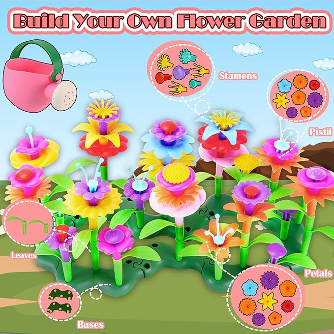 FUNZBO 99pcs Flower Garden Building Toys Set -Spring Toys for 3 4 5 6 7 8 9 Years Old Girls, STEM Montessori Educational Toys for Toddlers Kids,Sorting & Stacking Building Block for Birthday Gifts