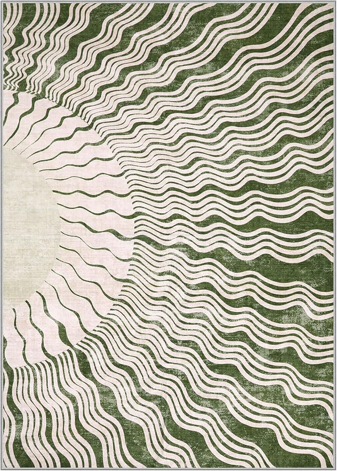 Boho Washable Rugs 5x7, Sun Print Soft Green Rug for Bedroom Ultra-Thin Nursery Rug Non Slip, Stain Resistant Living Room Rug for Dining Room Classroom(5'x 7',Green/Multi)