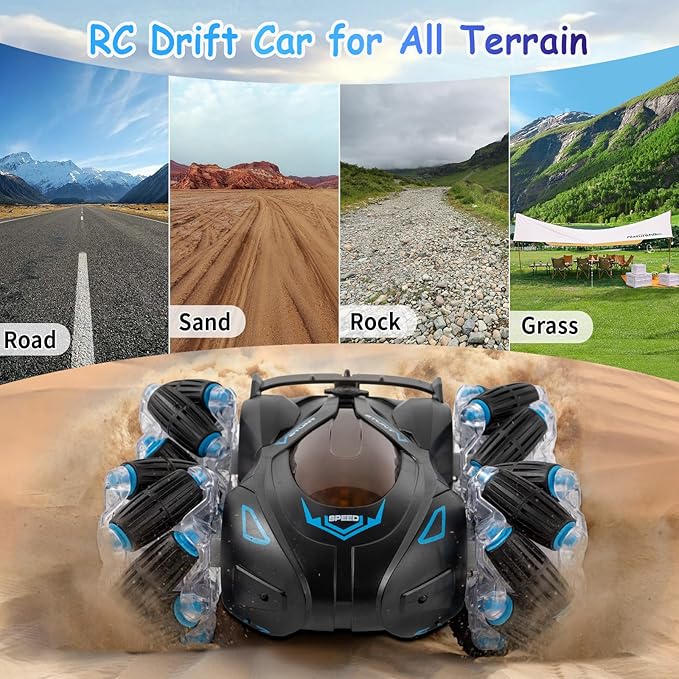 RC Cars Gesture Sensing Stunt Car, 360° Rotating Remote Control Car with Cool Light and Music, Spray Drift Hand Controlled Car, 2.4Ghz Rechargeable RC Car, Best Birthday Gifts for Boys 6-12 (Blue)