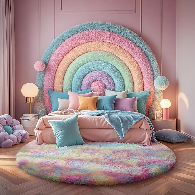Ophanie Round Rug 4Ft Rainbow Circle Area Rug, Cute Room Decor for Teen Girls, Fluffy Fuzzy Bedroom Carpet, Plush Soft Shaggy Living Room Rugs for Kids Home Decor Aesthetic, Nursery